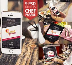 9个餐饮行业菜谱显示屏展示模型：9 PSD Chef Parade Mockups